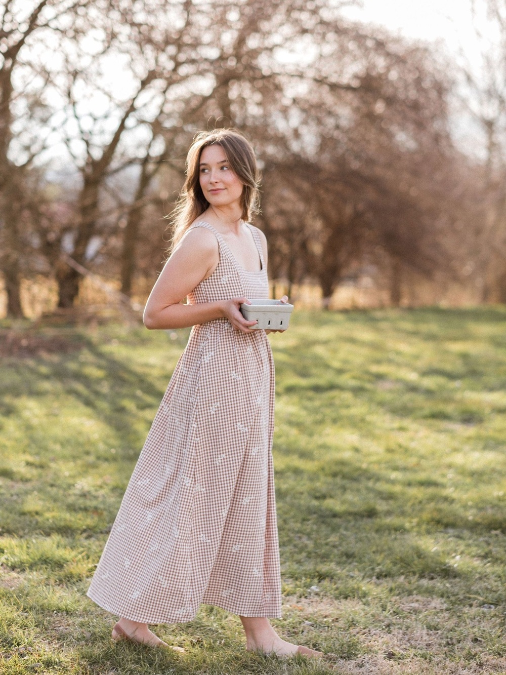 SOLD Gingham Maxi Dress in Light Brown with Embroidered Detail